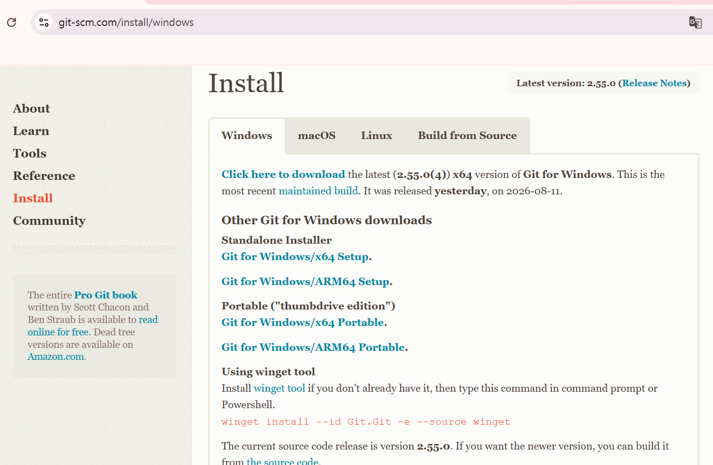 git-scm.com/install/windows — 맨 위 «Click here to download»