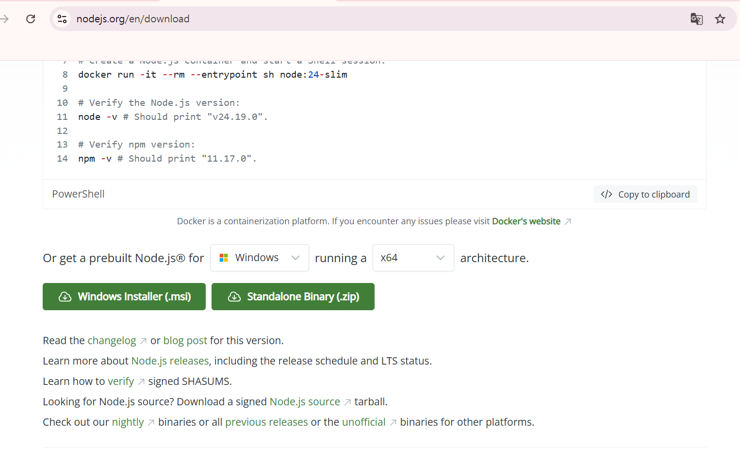 nodejs.org — Windows Installer (.msi) 초록 버튼